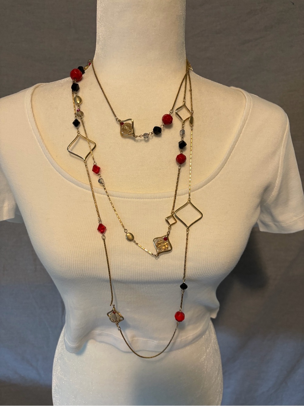 White House Black Market Gold Long Layered Necklace with Red and Black Beads